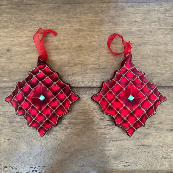 Set of 2 Traditional Red Quilted Glass Christmas Ornaments 5” x 5” Jewel Accent - Picture 9 of 9
